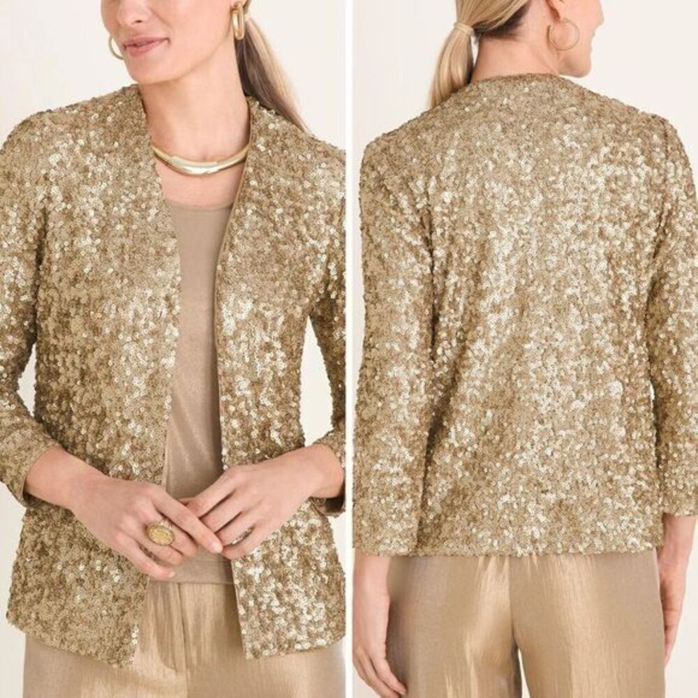 NEW‎ Chico's gold Sequin long-sleeve open front Jacket blazer, 1 (M/8)